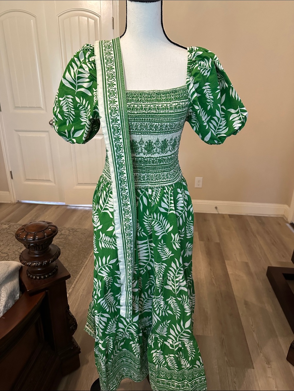 Kaktus Green and White Floral-Print Smocked Maxi Dress with Tie Waist - Picture 7 of 7